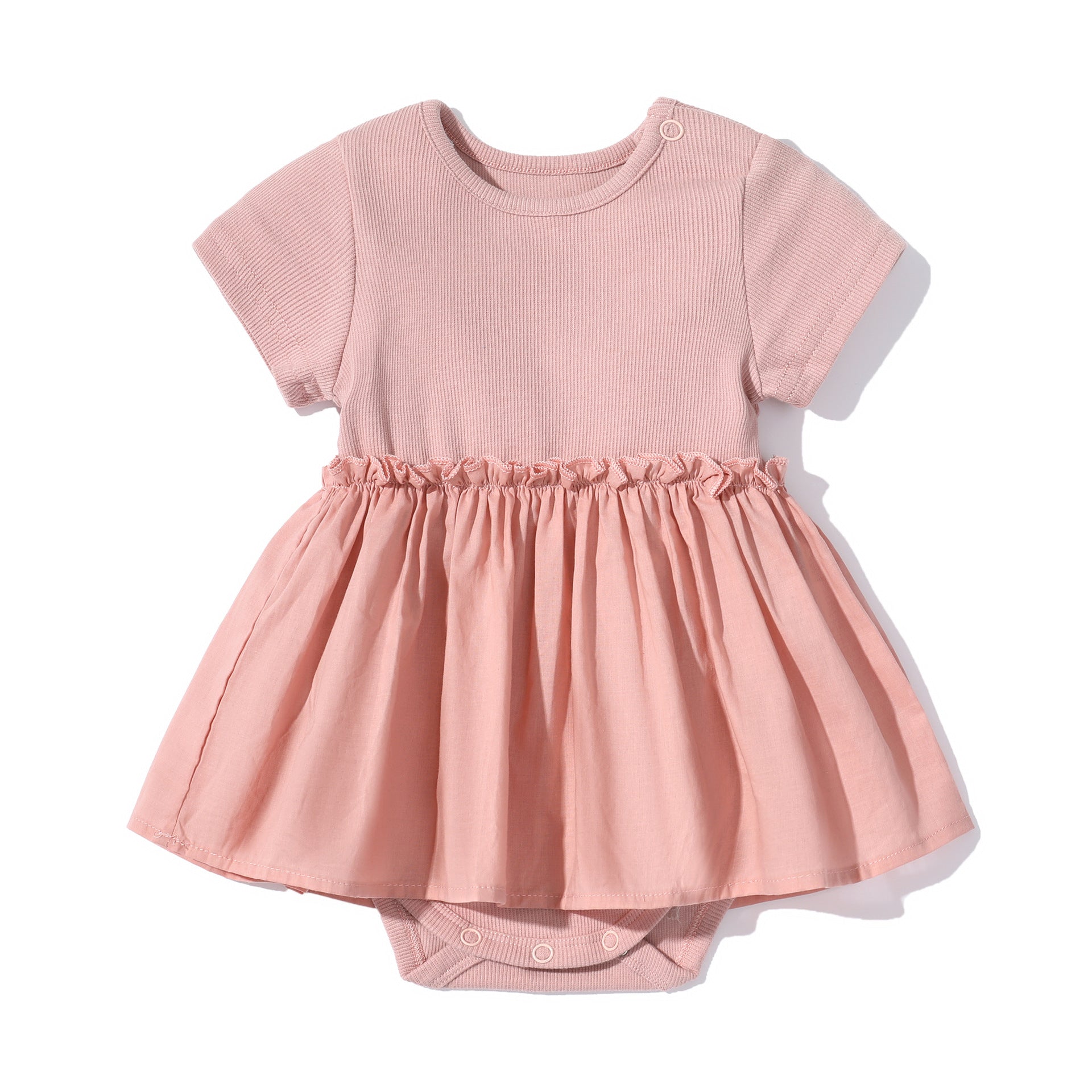 Baby girls short-sleeved dress onesies in solid colors with wooden ear design, perfect for summer wear.