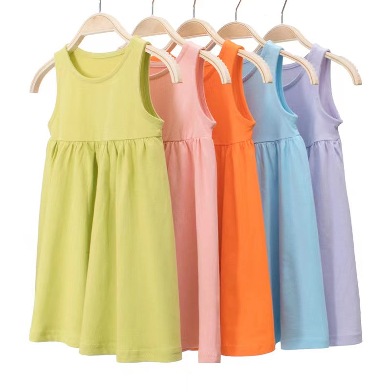 A vibrant baby girls sleeveless dress featuring a round collar design, available in multiple colors for summer wear.