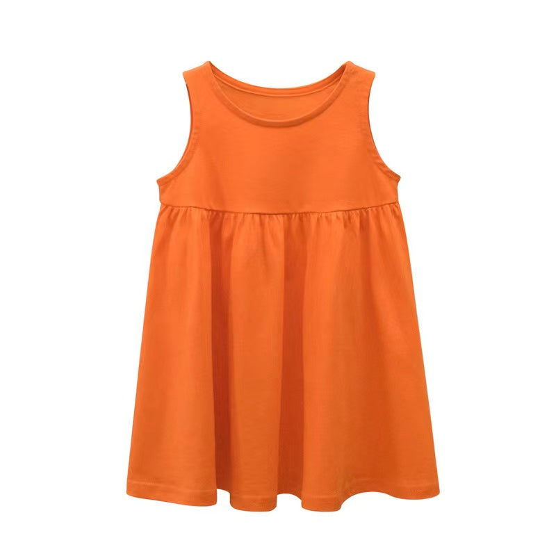 A vibrant baby girls sleeveless dress featuring a round collar design, available in multiple colors for summer wear.