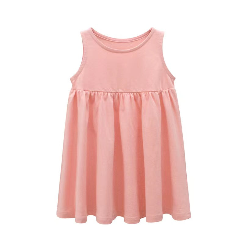 A vibrant baby girls sleeveless dress featuring a round collar design, available in multiple colors for summer wear.