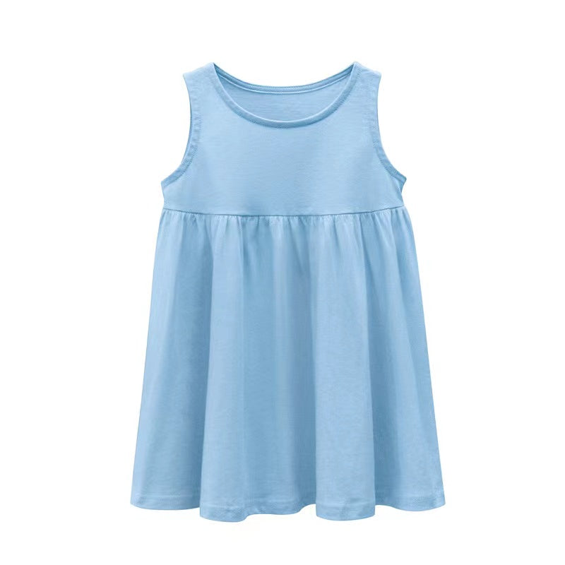 A vibrant baby girls sleeveless dress featuring a round collar design, available in multiple colors for summer wear.