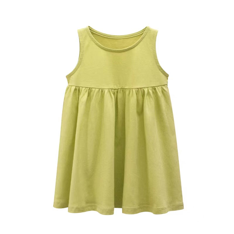 A vibrant baby girls sleeveless dress featuring a round collar design, available in multiple colors for summer wear.