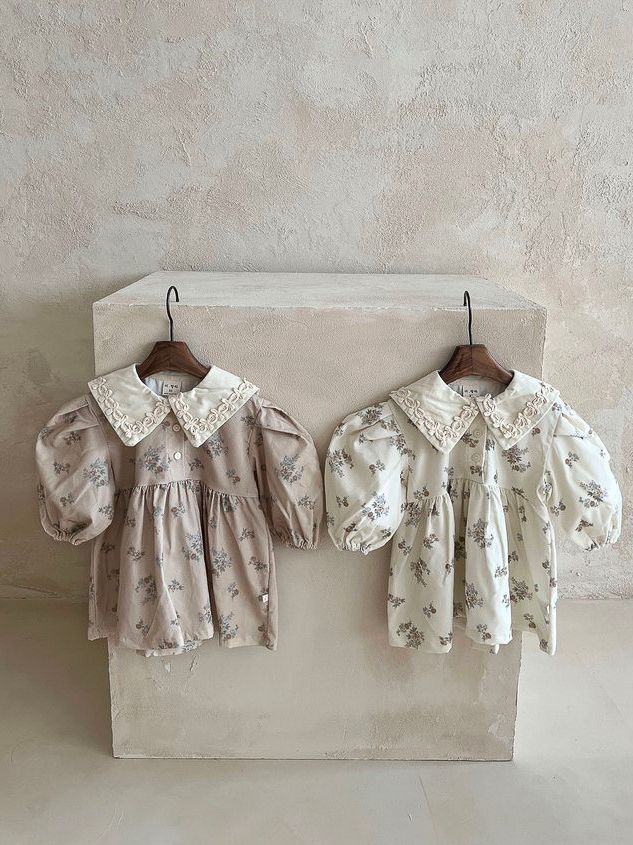 Baby Girls Turndown Collar Floral Soft Spring Vintage Dress in purple and apricot colors, featuring a floral pattern and soft fabric.