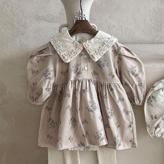 Baby Girls Turndown Collar Floral Soft Spring Vintage Dress in purple and apricot colors, featuring a floral pattern and soft fabric.