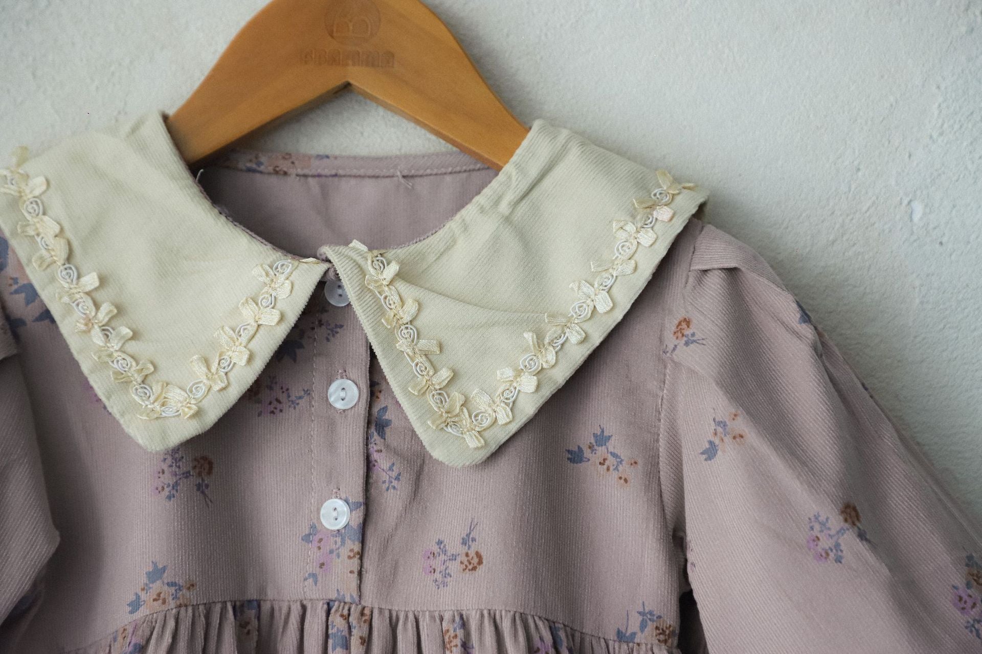 Baby Girls Turndown Collar Floral Soft Spring Vintage Dress in purple and apricot colors, featuring a floral pattern and soft fabric.