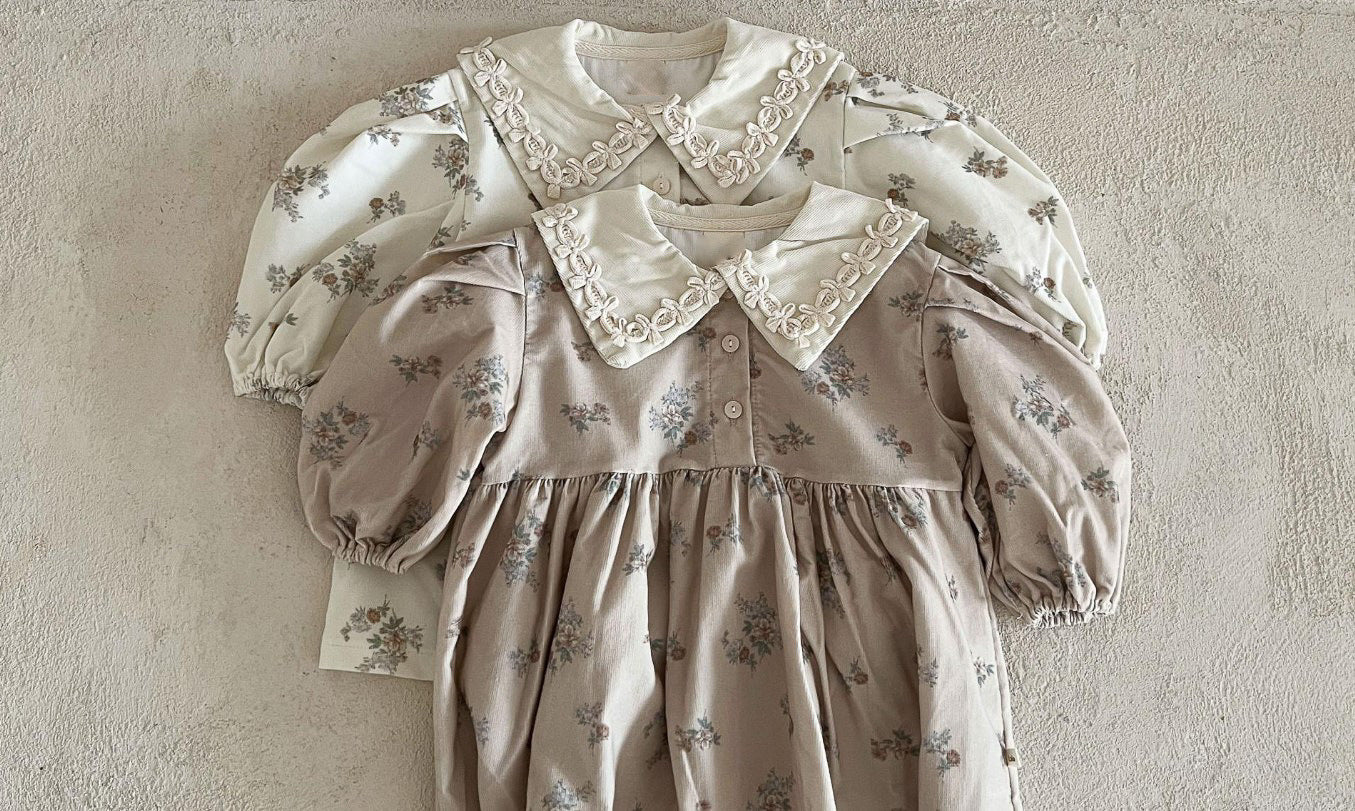 Baby Girls Turndown Collar Floral Soft Spring Vintage Dress in purple and apricot colors, featuring a floral pattern and soft fabric.