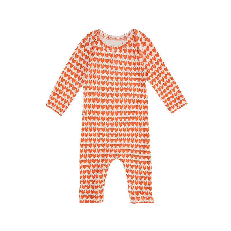 Baby Heart Print Pattern Envelope Collar Long Sleeve Romper in red with heart design, perfect for baby girls and boys.