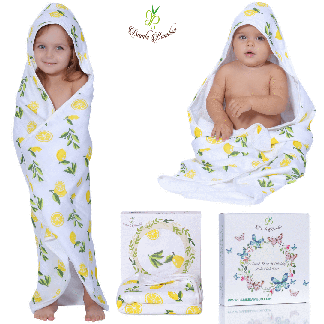 Baby hooded towel featuring a lemon print, made from buttery soft terry and muslin-backed organic bamboo, perfect for newborns to toddlers.