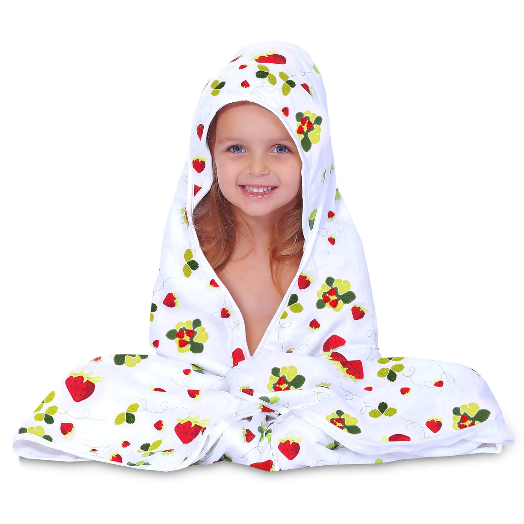 Baby hooded towel featuring a strawberry print, made from buttery soft terry and muslin, perfect for newborns to toddlers.