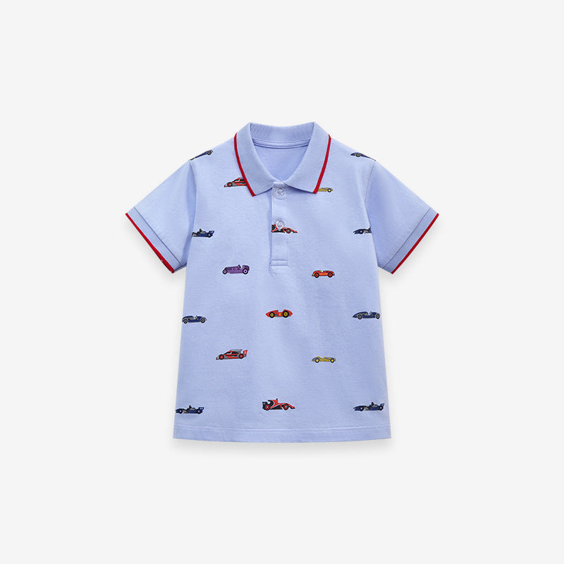 Baby boys blue polo shirt with racing car print, short sleeves, made of cotton, perfect for spring and summer wear.