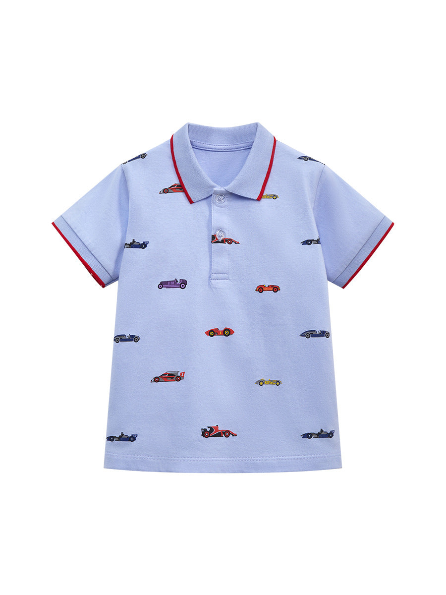 Baby boys blue polo shirt with racing car print, short sleeves, made of cotton, perfect for spring and summer wear.