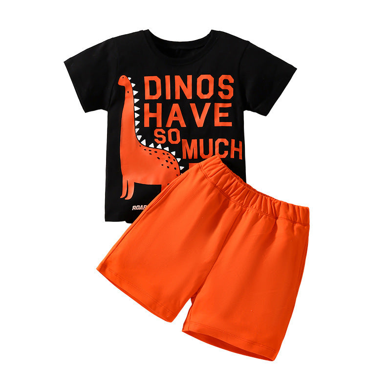 Baby boys' orange dinosaur design short sleeves top and shorts set, perfect for summer wear.