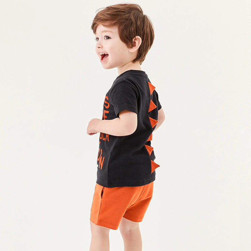 Baby boys' orange dinosaur design short sleeves top and shorts set, perfect for summer wear.