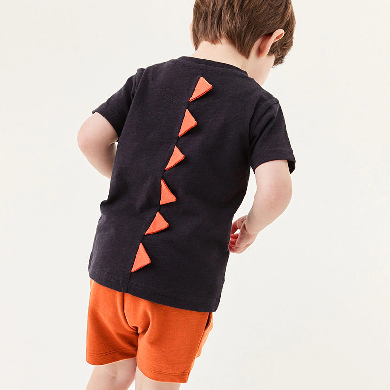 Baby boys' orange dinosaur design short sleeves top and shorts set, perfect for summer wear.