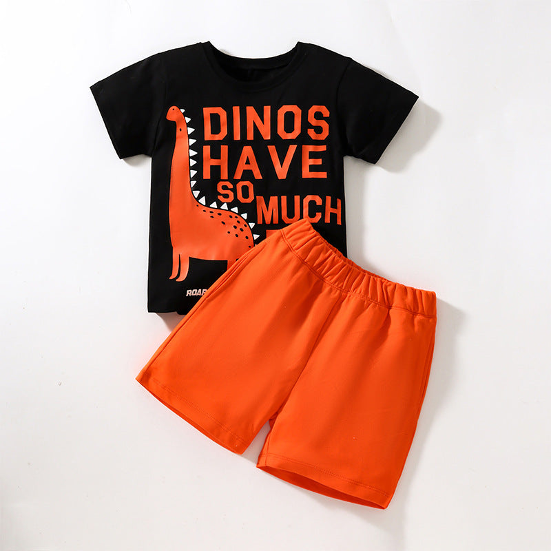 Baby boys' orange dinosaur design short sleeves top and shorts set, perfect for summer wear.