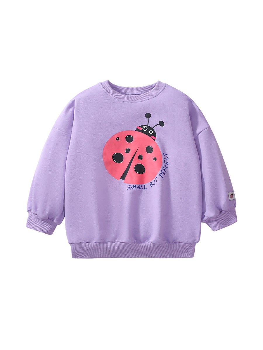 A vibrant purple pullover for baby girls featuring a cute ladybird cartoon pattern, made from soft cotton material.