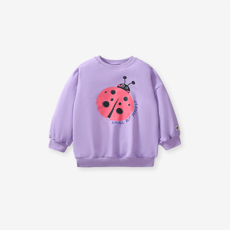 A vibrant purple pullover for baby girls featuring a cute ladybird cartoon pattern, made from soft cotton material.