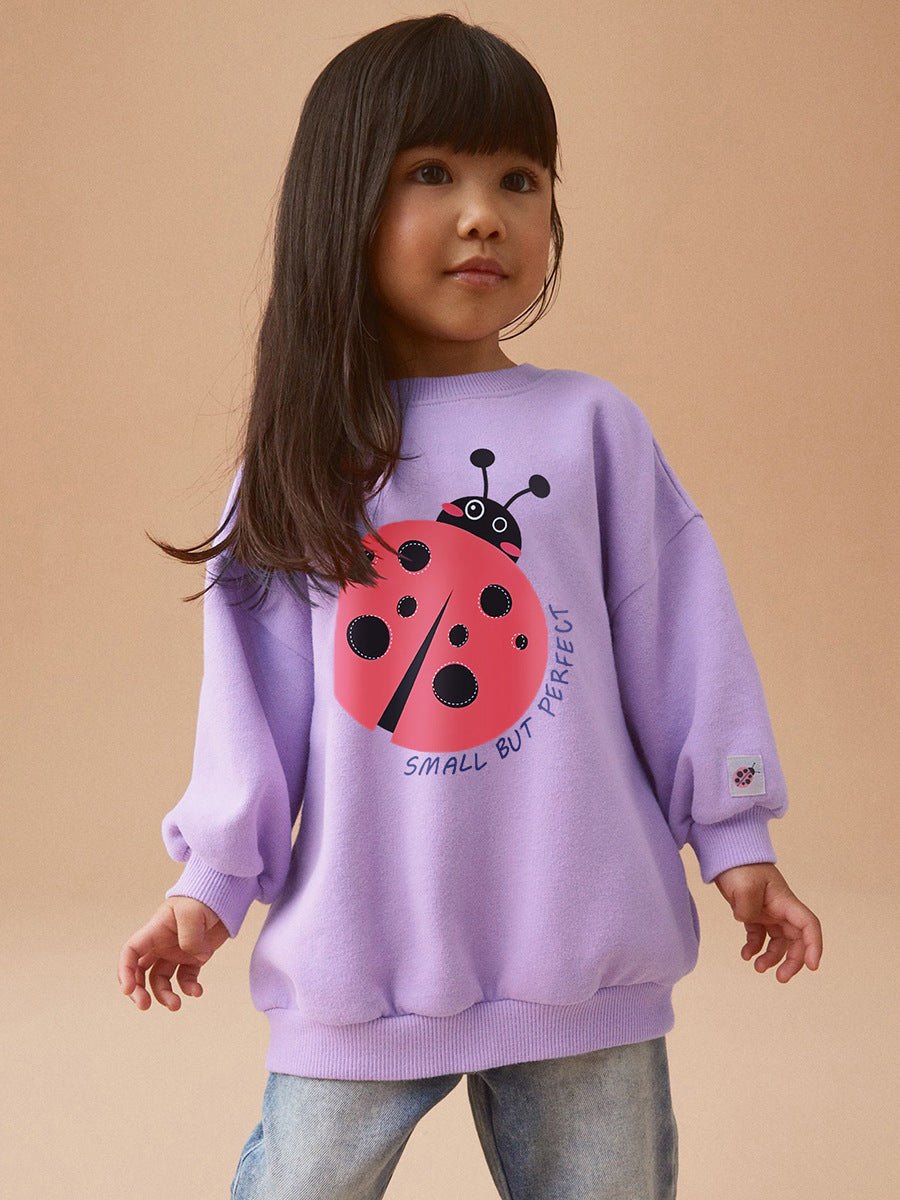 A vibrant purple pullover for baby girls featuring a cute ladybird cartoon pattern, made from soft cotton material.