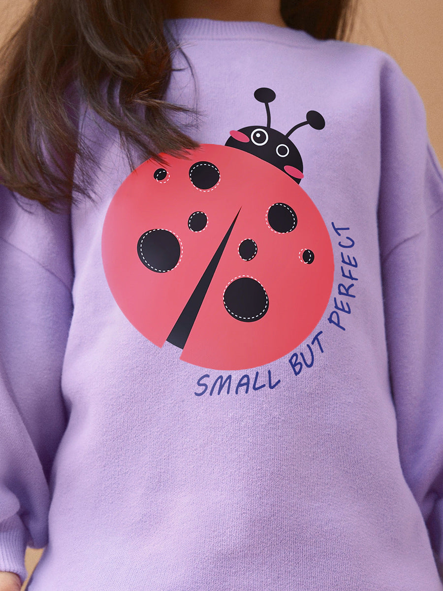 A vibrant purple pullover for baby girls featuring a cute ladybird cartoon pattern, made from soft cotton material.