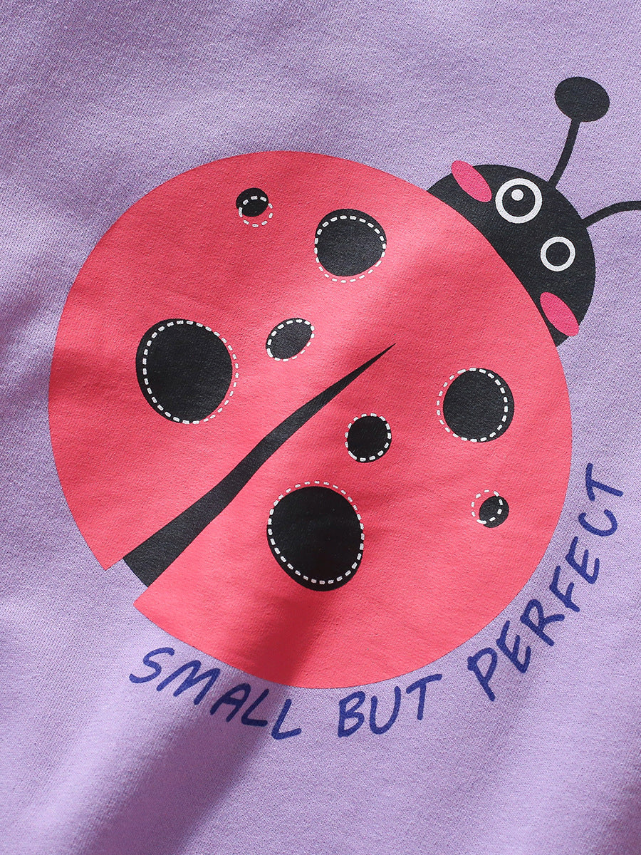 A vibrant purple pullover for baby girls featuring a cute ladybird cartoon pattern, made from soft cotton material.