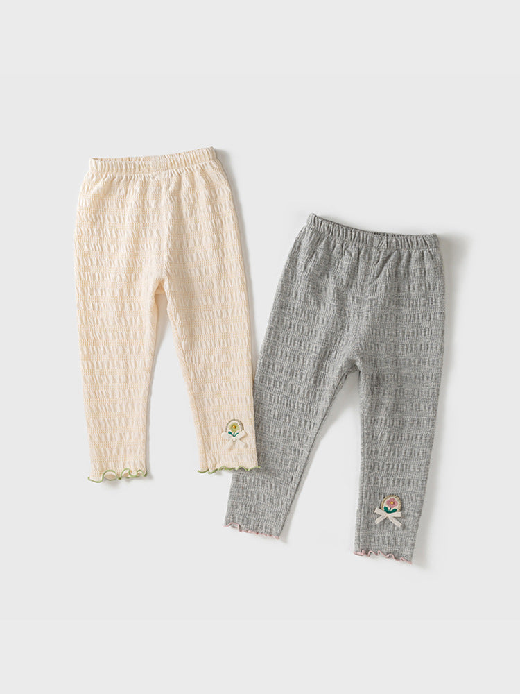 Baby girls' soft pants in grey and beige with embroidered flower logo, perfect for spring and autumn wear.