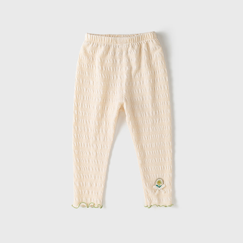 Baby girls' soft pants in grey and beige with embroidered flower logo, perfect for spring and autumn wear.