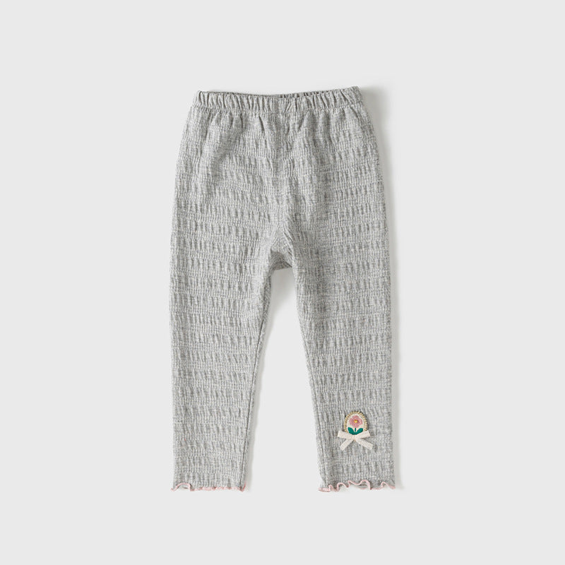 Baby girls' soft pants in grey and beige with embroidered flower logo, perfect for spring and autumn wear.