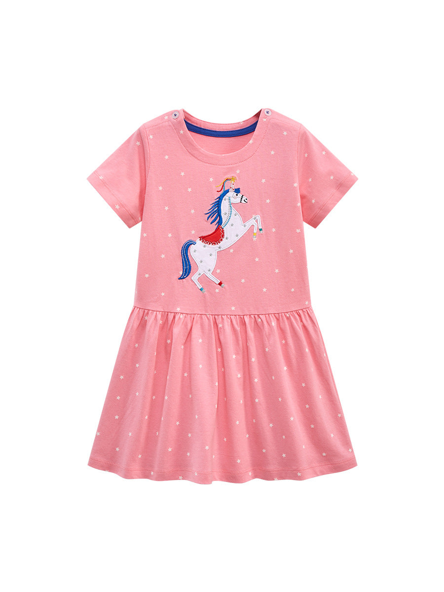 A cute pink dress for baby girls featuring a unicorn pattern and white stars, perfect for summer wear.