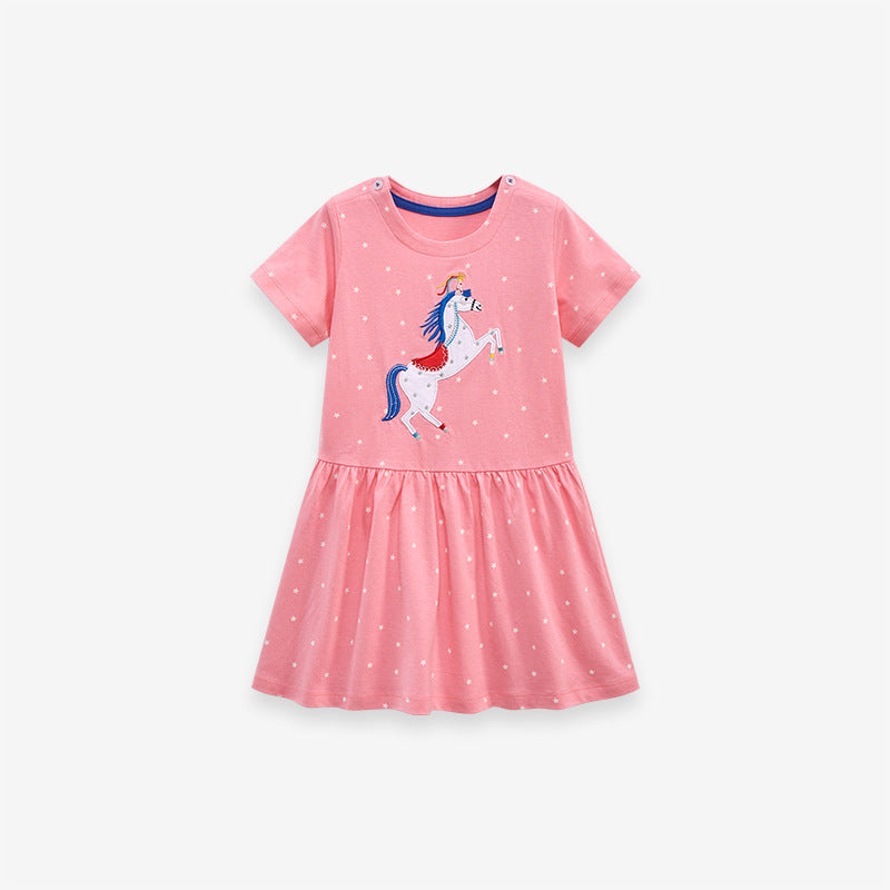 A cute pink dress for baby girls featuring a unicorn pattern and white stars, perfect for summer wear.