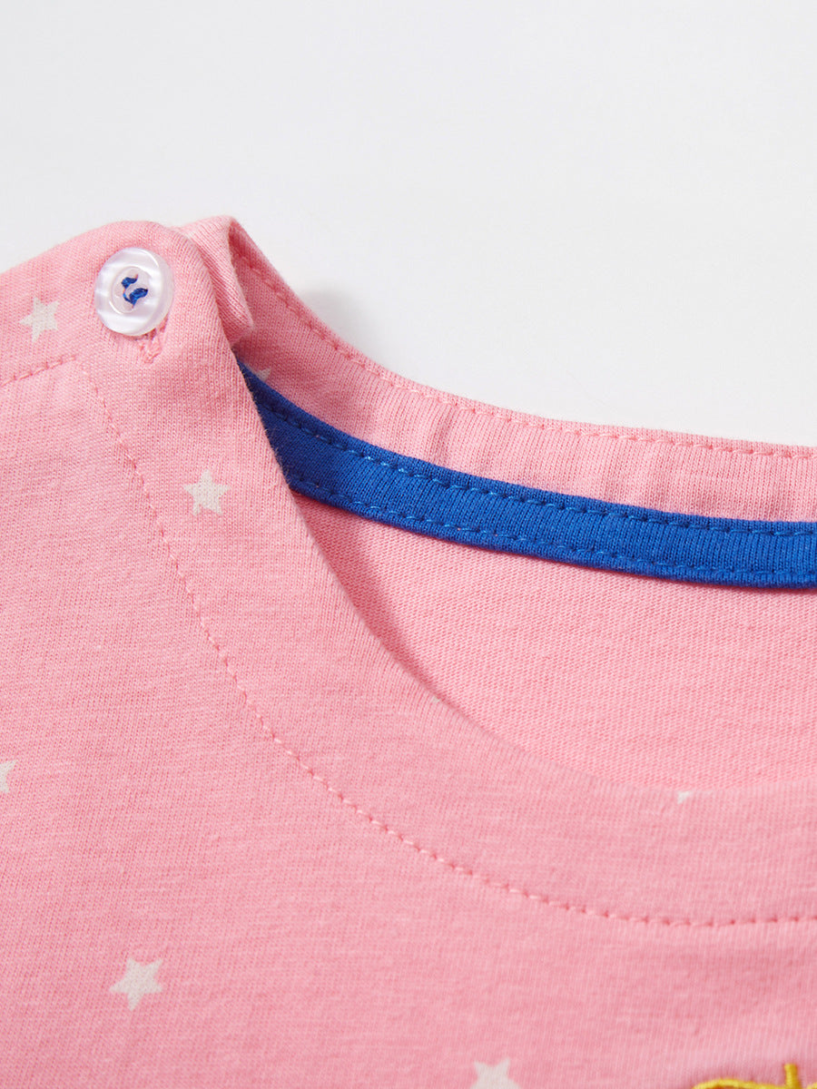 A cute pink dress for baby girls featuring a unicorn pattern and white stars, perfect for summer wear.