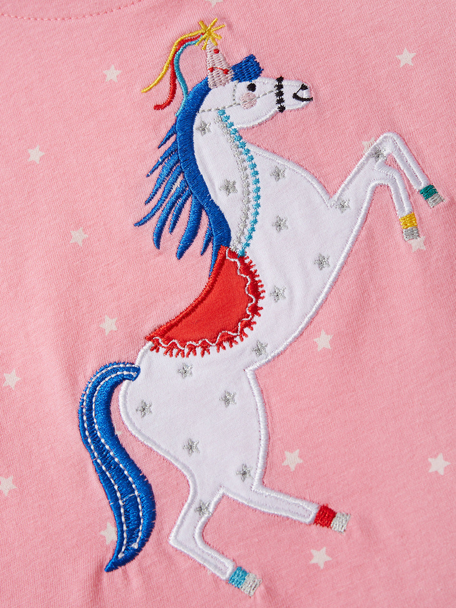 A cute pink dress for baby girls featuring a unicorn pattern and white stars, perfect for summer wear.