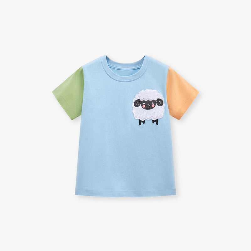 A blue crew neck T-shirt for babies featuring a cute sheep pattern, perfect for summer wear.