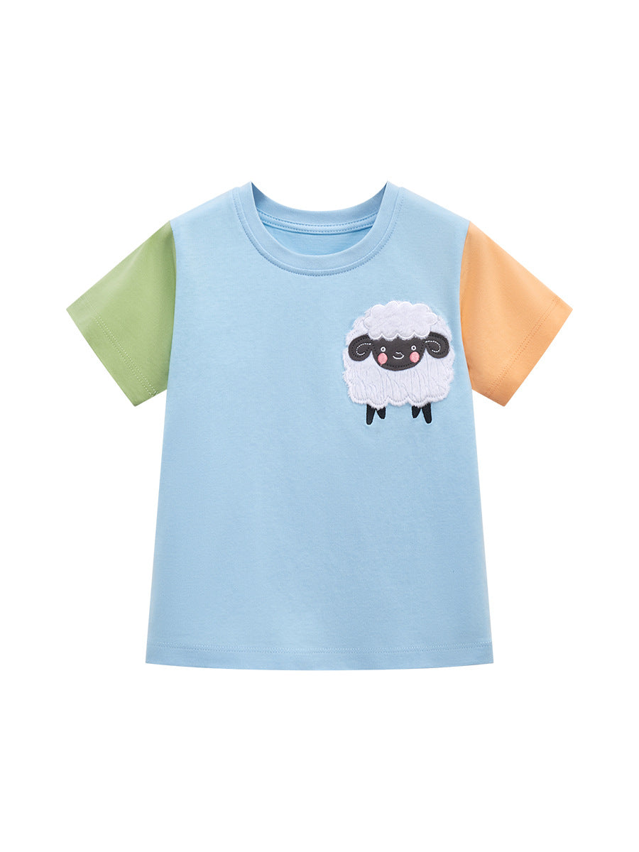 A blue crew neck T-shirt for babies featuring a cute sheep pattern, perfect for summer wear.