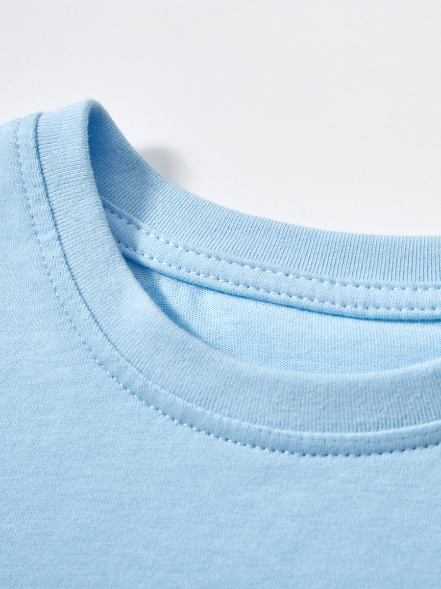 A blue crew neck T-shirt for babies featuring a cute sheep pattern, perfect for summer wear.