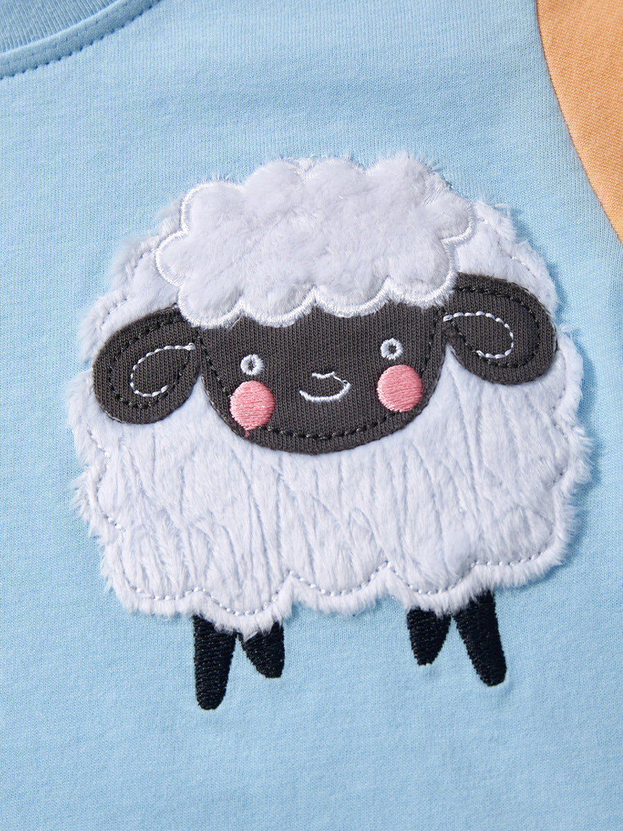 A blue crew neck T-shirt for babies featuring a cute sheep pattern, perfect for summer wear.