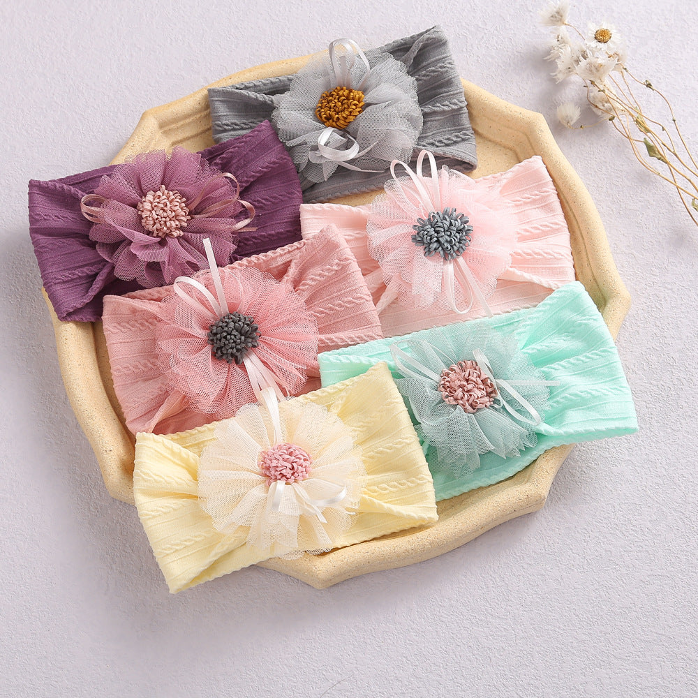 Baby Lace Floral Elastic Cotton Headband in various colors with floral lace design, perfect for baby girls.