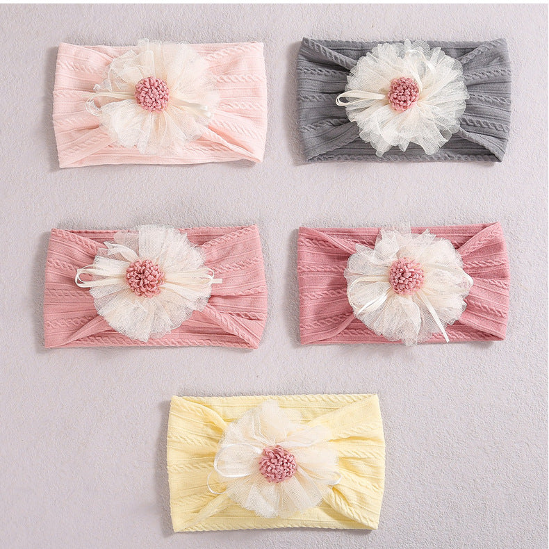 Baby Lace Floral Elastic Cotton Headband in various colors with floral lace design, perfect for baby girls.