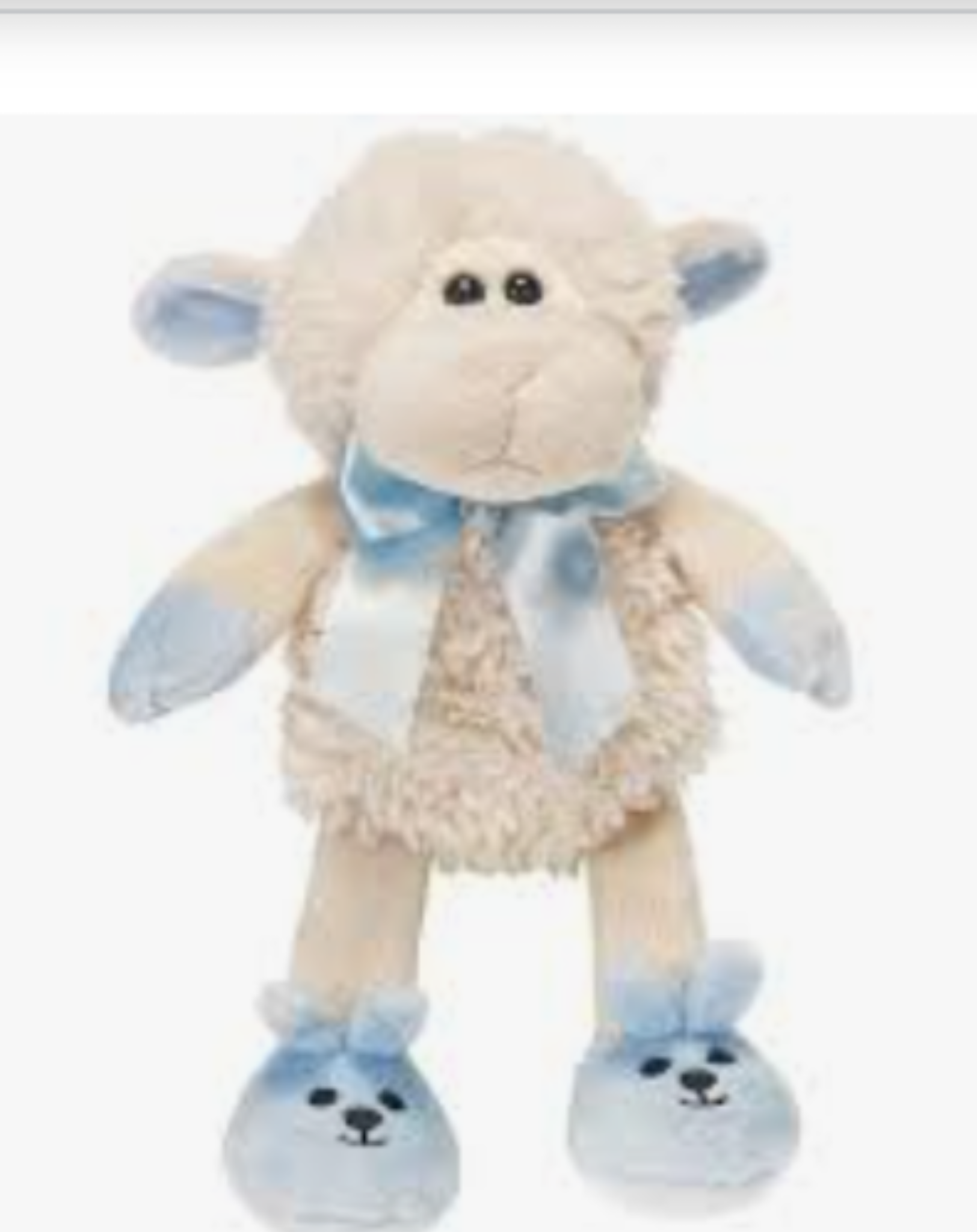 Adorable Baby Lamb plush toy in pink and blue with bunny slippers and a bow.