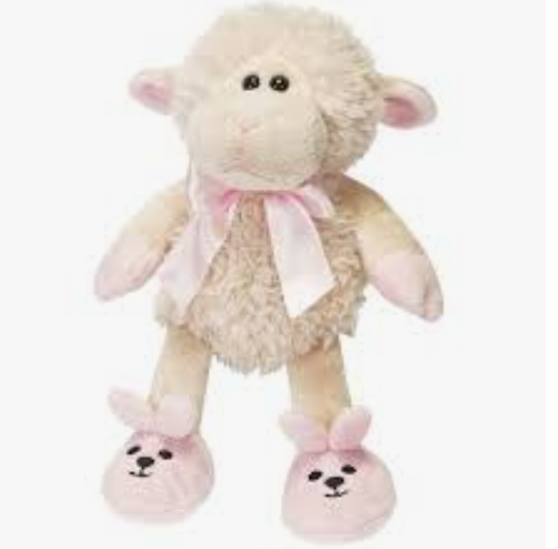 Adorable Baby Lamb plush toy in pink and blue with bunny slippers and a bow.