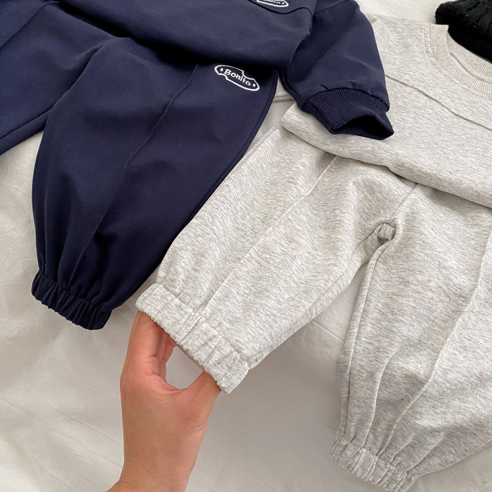 Baby Letter Graphic Pullover Hoodie with Pants Set in navy blue and grey, featuring a stylish letter design, perfect for spring and autumn wear.