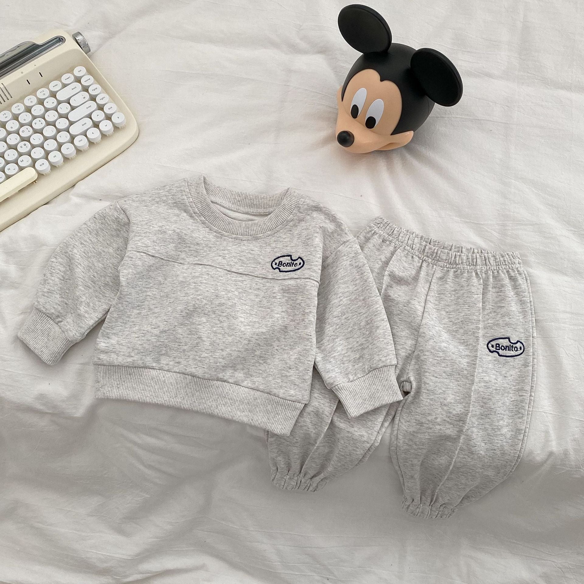 Baby Letter Graphic Pullover Hoodie with Pants Set in navy blue and grey, featuring a stylish letter design, perfect for spring and autumn wear.