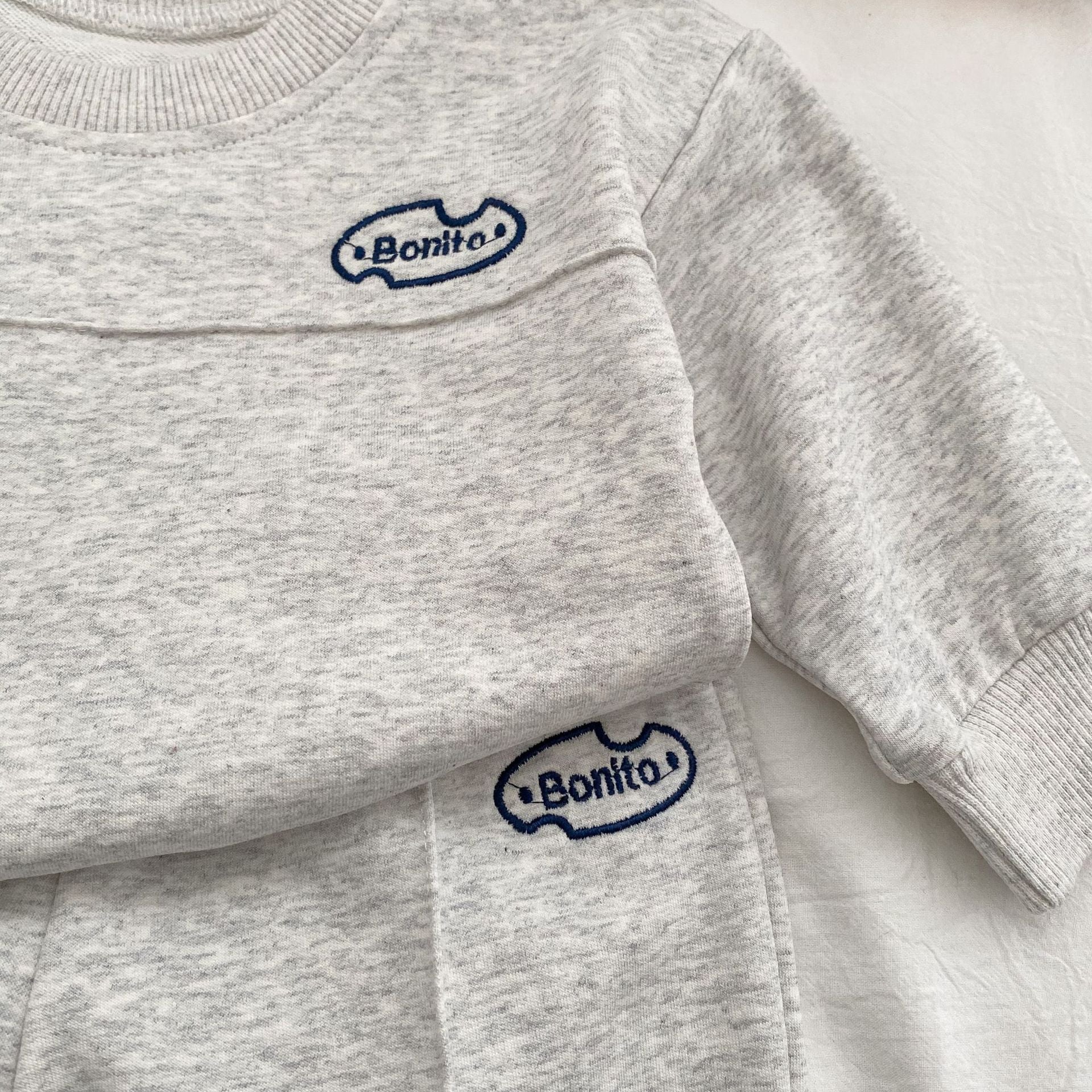 Baby Letter Graphic Pullover Hoodie with Pants Set in navy blue and grey, featuring a stylish letter design, perfect for spring and autumn wear.