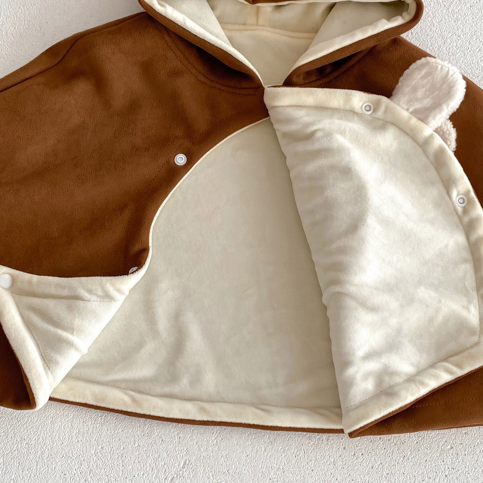 Baby Little Bear Long Sleeves Winter Cloak in coffee color with cartoon bear design, perfect for winter wear.