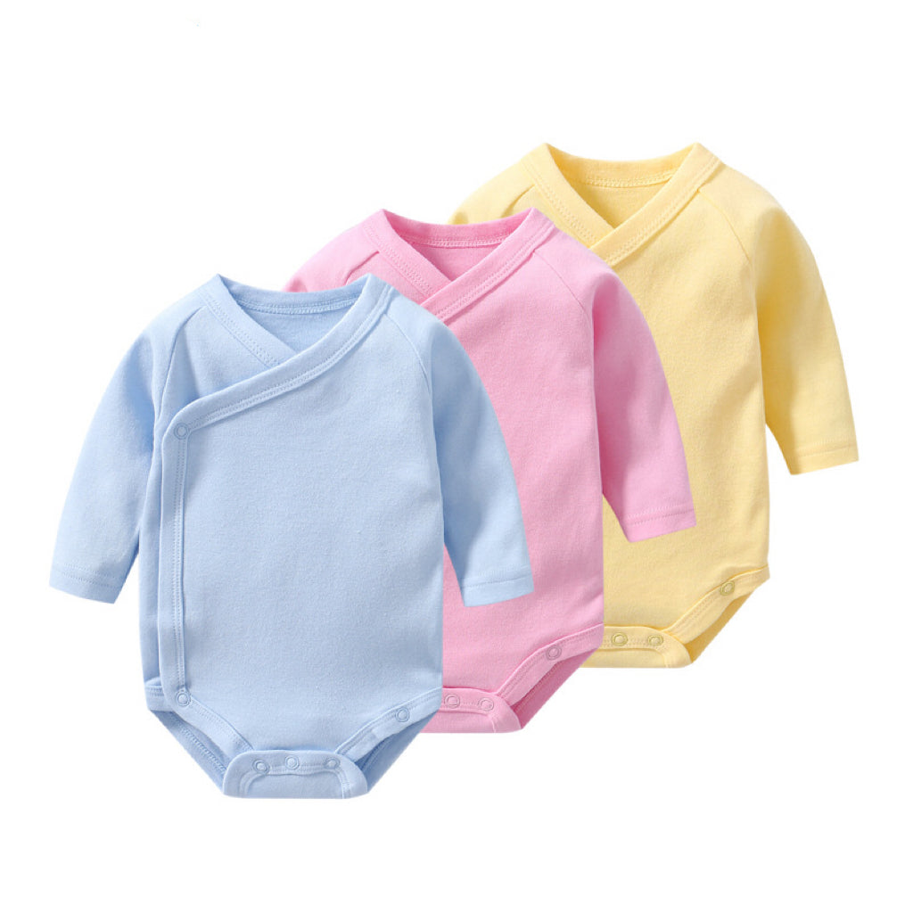 Baby Multi Color Bias Placket Long Sleeve Onesies in various colors with slanting button design, made from soft cotton fabric.