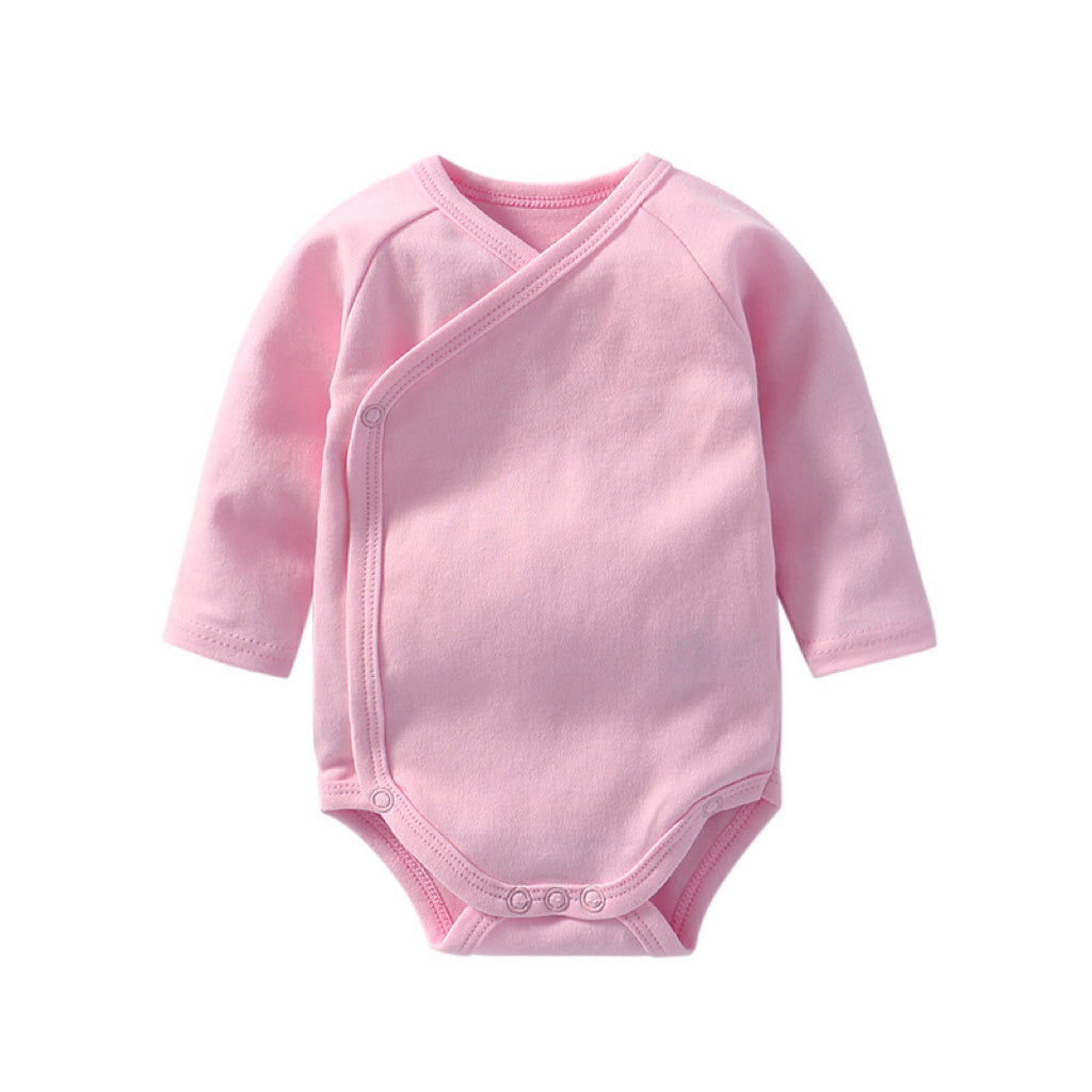 Baby Multi Color Bias Placket Long Sleeve Onesies in various colors with slanting button design, made from soft cotton fabric.