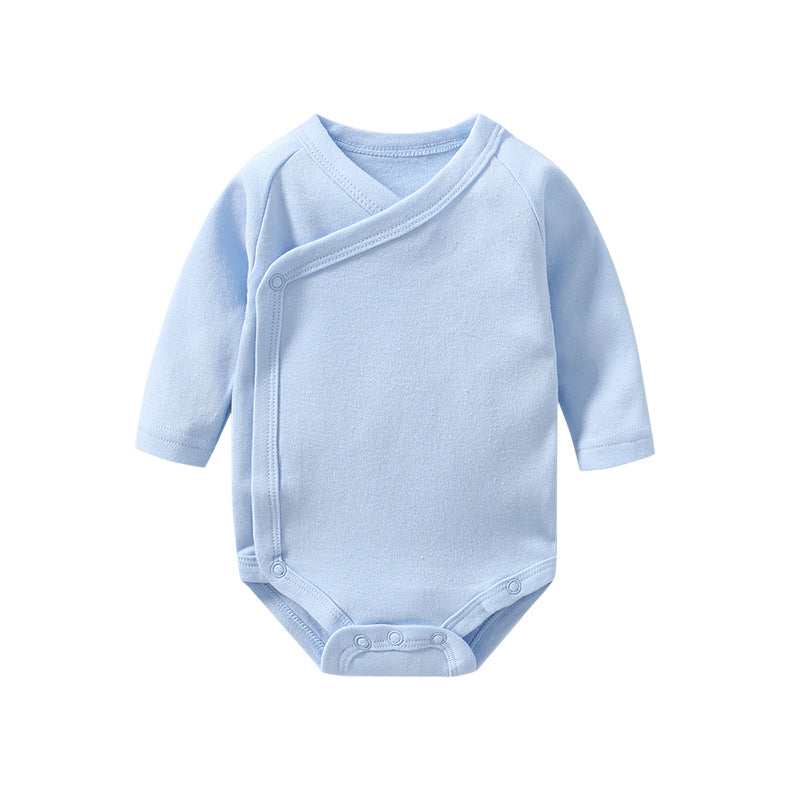 Baby Multi Color Bias Placket Long Sleeve Onesies in various colors with slanting button design, made from soft cotton fabric.