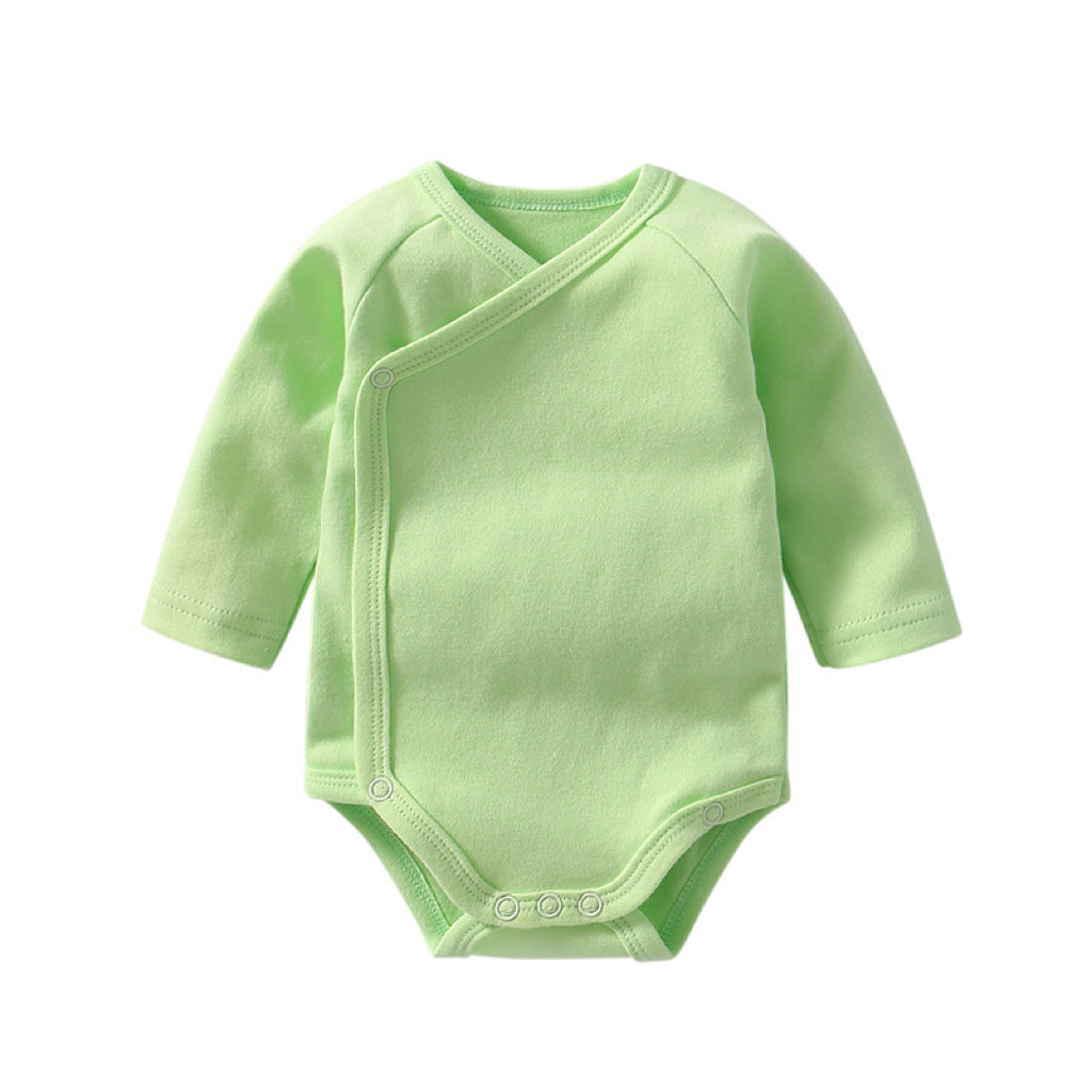 Baby Multi Color Bias Placket Long Sleeve Onesies in various colors with slanting button design, made from soft cotton fabric.