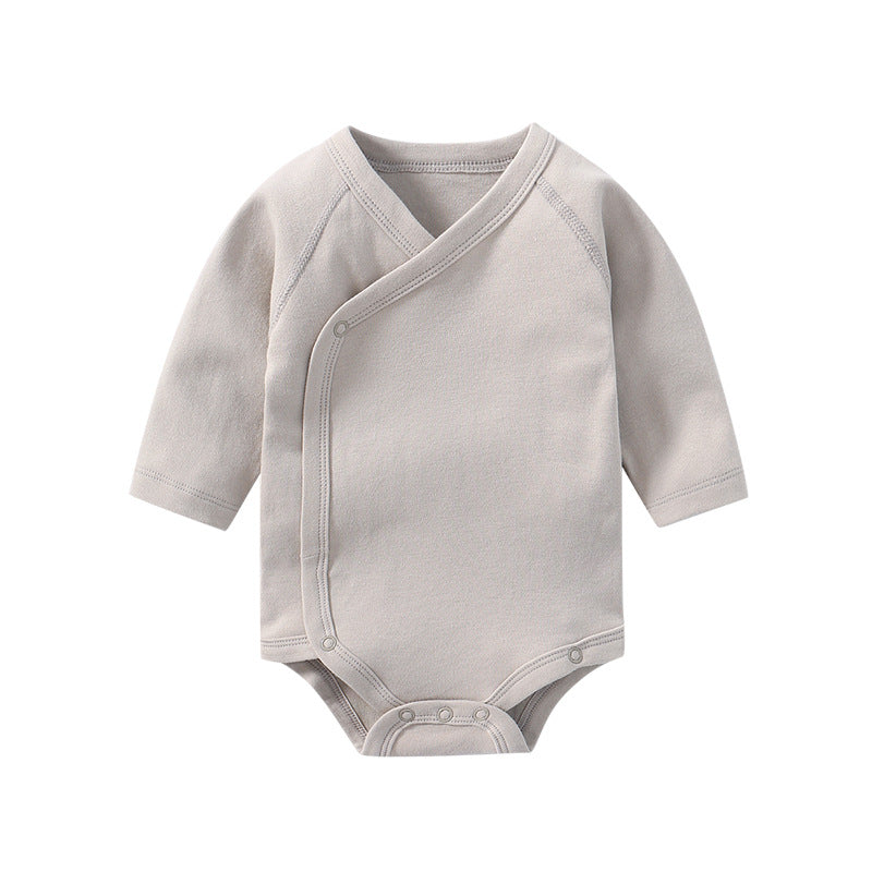 Baby Multi Color Bias Placket Long Sleeve Onesies in various colors with slanting button design, made from soft cotton fabric.