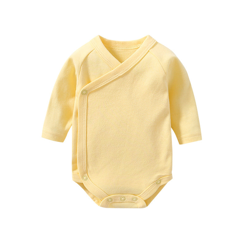 Baby Multi Color Bias Placket Long Sleeve Onesies in various colors with slanting button design, made from soft cotton fabric.