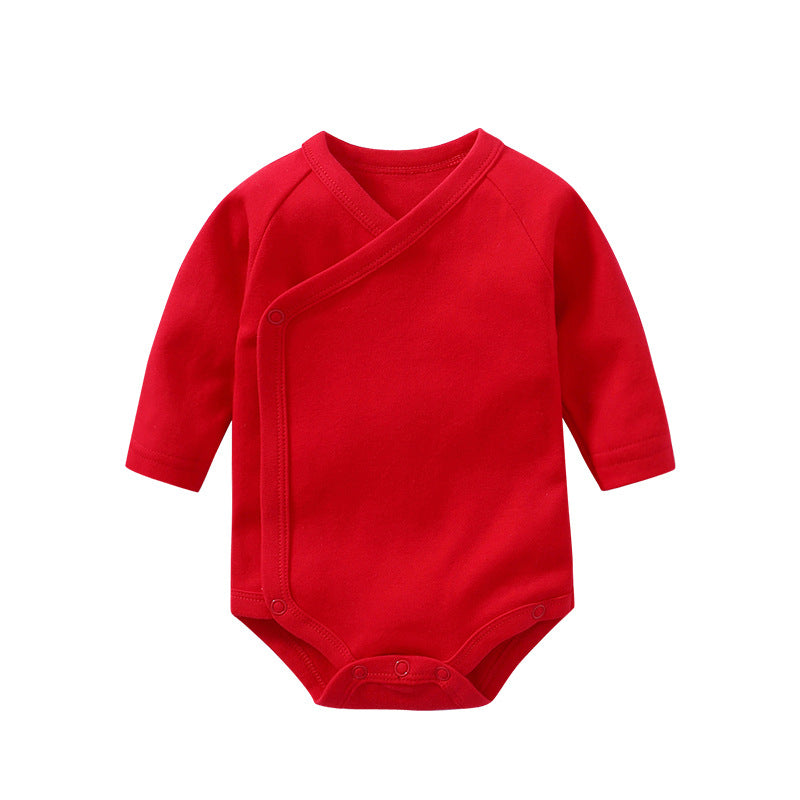 Baby Multi Color Bias Placket Long Sleeve Onesies in various colors with slanting button design, made from soft cotton fabric.